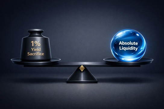 "A balanced scale comparing the trade-off between a 1% yield sacrifice (represented by a dark weight on the left) and absolute liquidity (represented by a glowing blue sphere on the right), illustrating the strategic decision to accept lower returns in exchange for cash positioning and flexibility during periods of market turbulence and geopolitical uncertainty."
