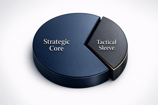 "A 3D pie chart illustrating the barbell portfolio architecture, with the Strategic Core (approximately 2/3 allocation in dark blue) representing long-term, high-conviction holdings, and the Tactical Sleeve (approximately 1/3 allocation in charcoal gray) representing shorter-term trading and market dislocation opportunities, separated by a gold accent line."