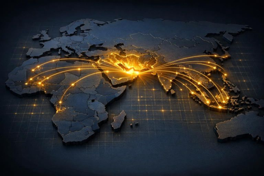 "A 3D world map highlighting the UAE as the central hub of the MENA-Africa to India-Asia corridor, with golden light pathways connecting major trade routes and financial networks across the Middle East, Africa, and Asia, symbolizing strategic economic integration and geopolitical positioning."